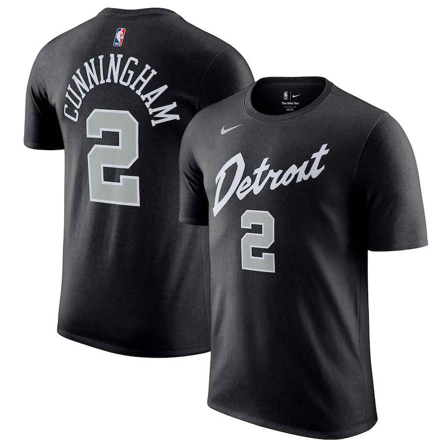Men's Detroit Pistons #2 Cade Cunningham Black 2023/24 City Edition Name & Number T-Shirt Men's Detroit Pistons #2 Cade Cunningham Black 2023/24 City Edition Name & Number T-Shirt